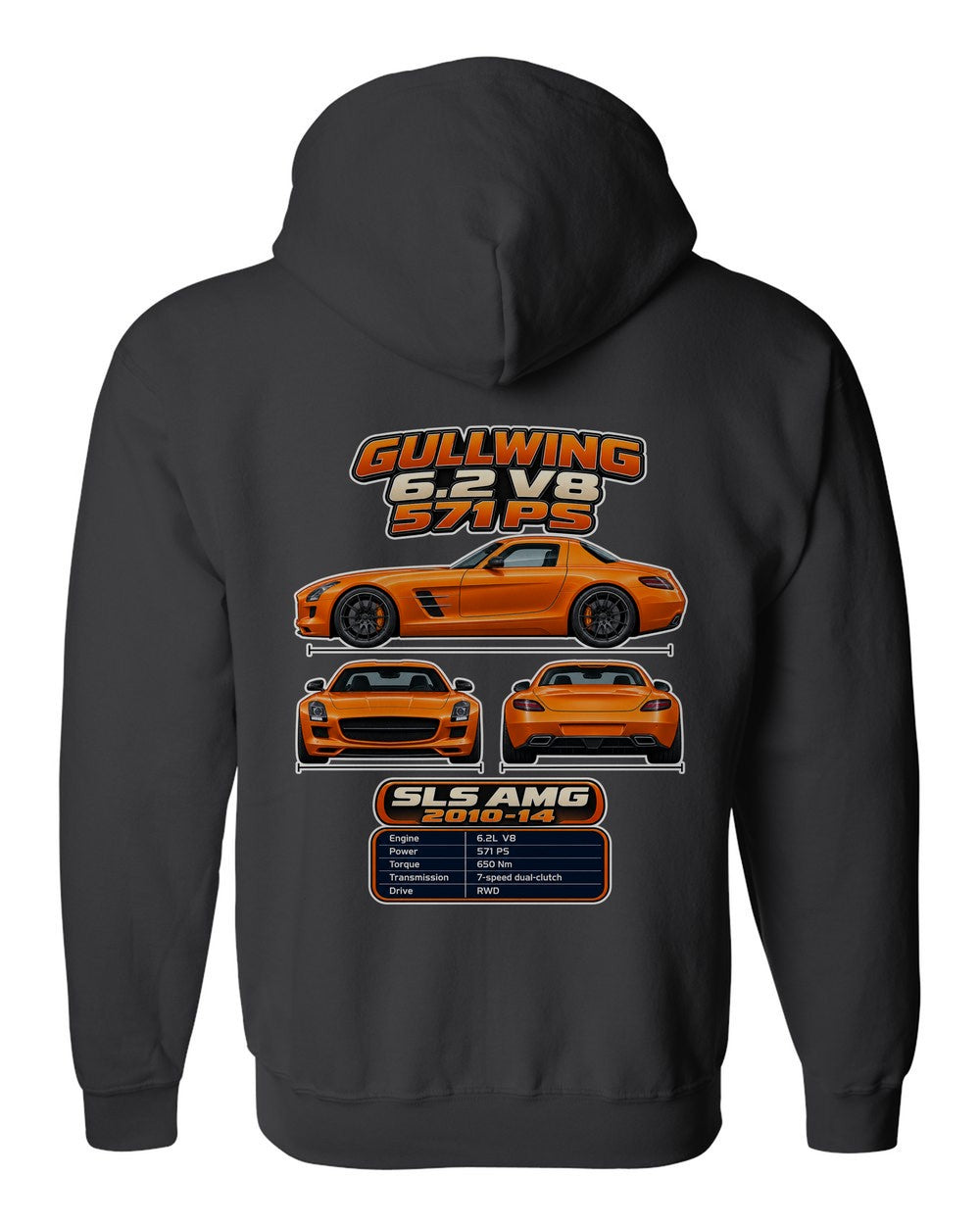 Mercedes Sls AMG spec sheet black zip hoodie back view with the design