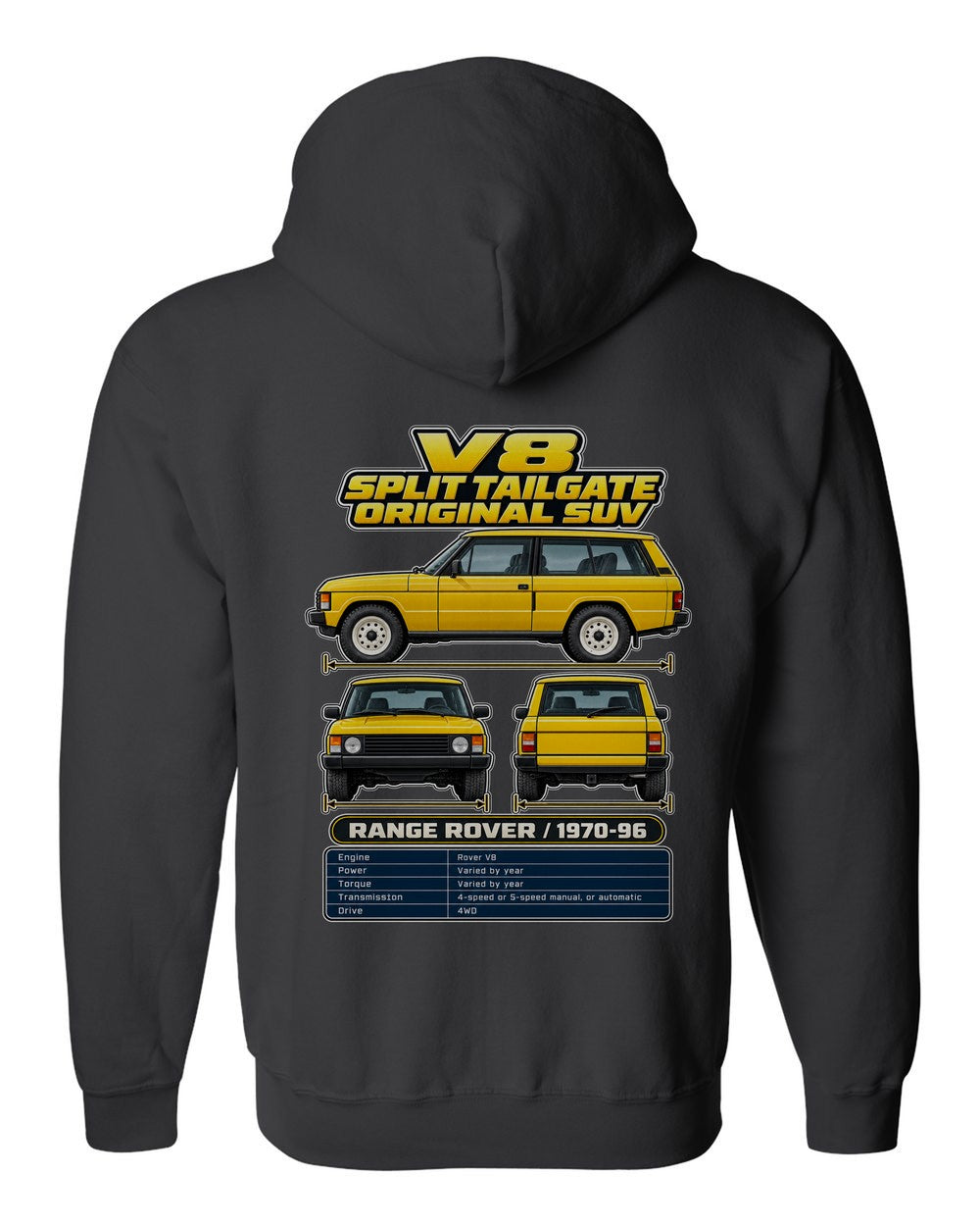 Range Rover Classic spec sheet black zip hoodie back view with the design