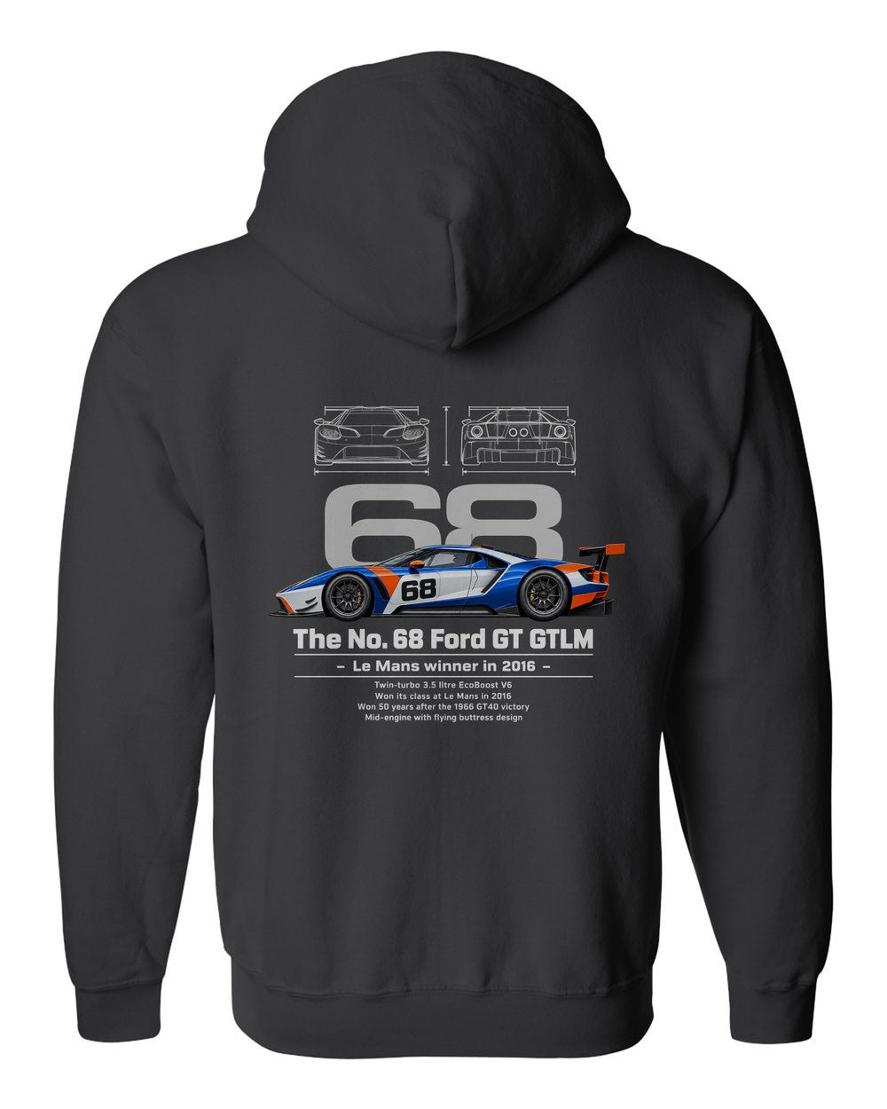 No. 68 Ford GT GTLM black zip hoodie back view with the design