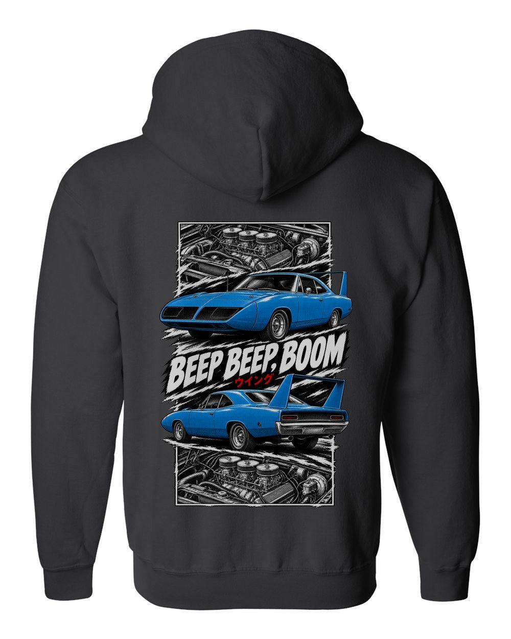 Plymouth Superbird torn poster black zip hoodie back view with the design