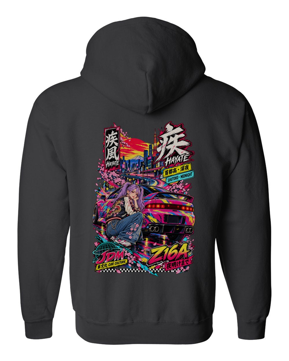 HAYATE Z16A full-back artwork black zip hoodie back view with the design