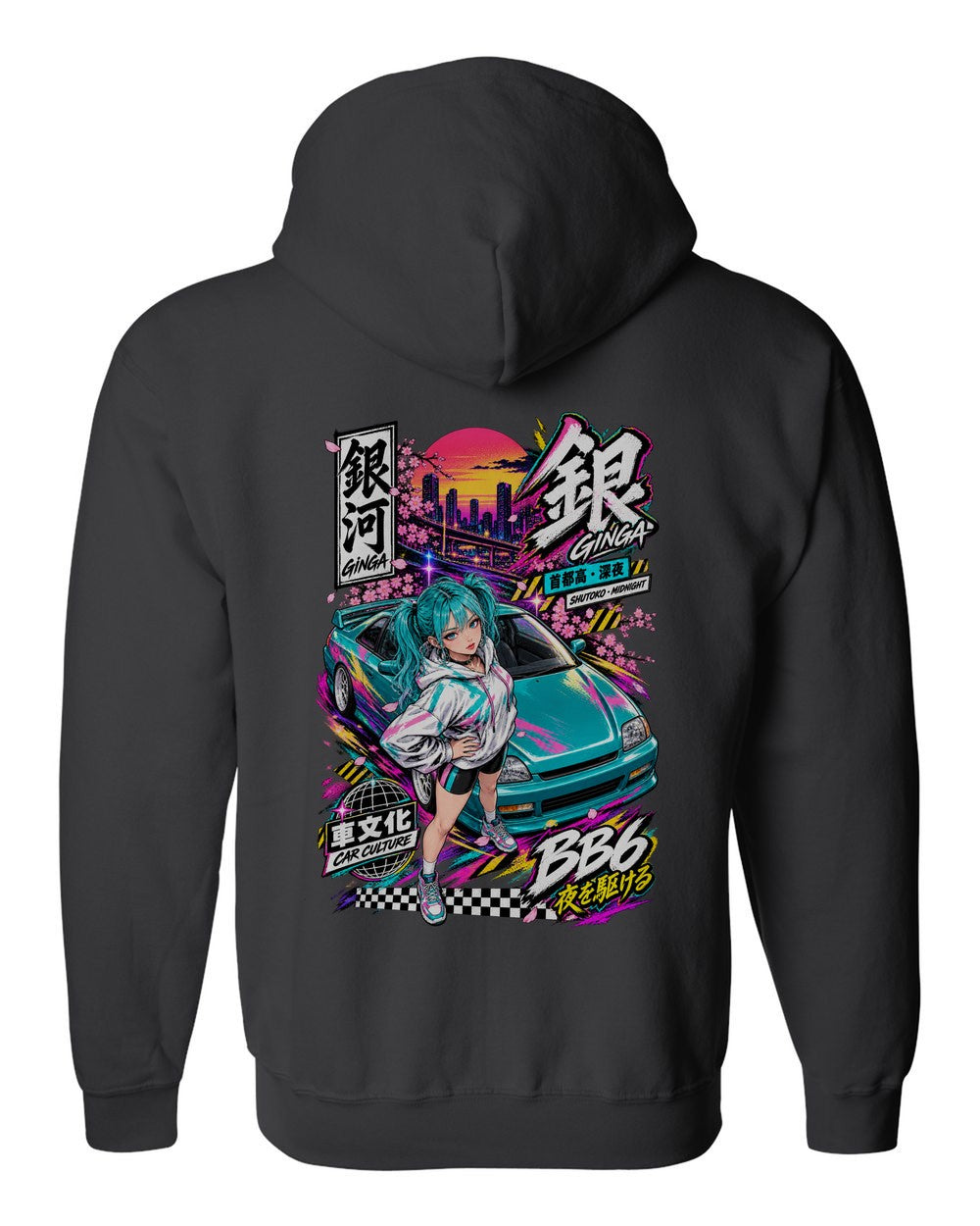 GINGA BB6 full-back artwork black zip hoodie back view with the design
