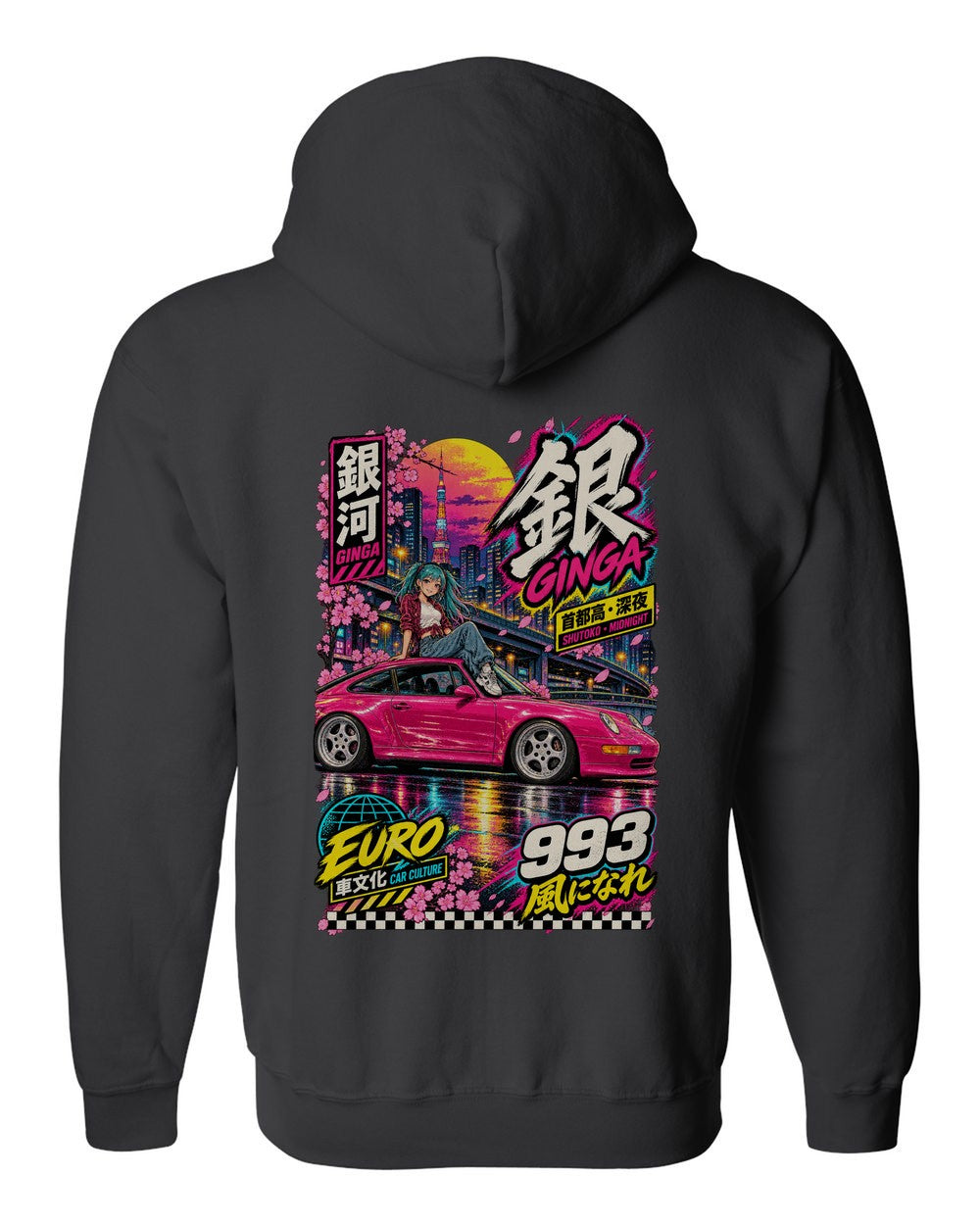 GINGA 993 full-back artwork black zip hoodie back view with the design