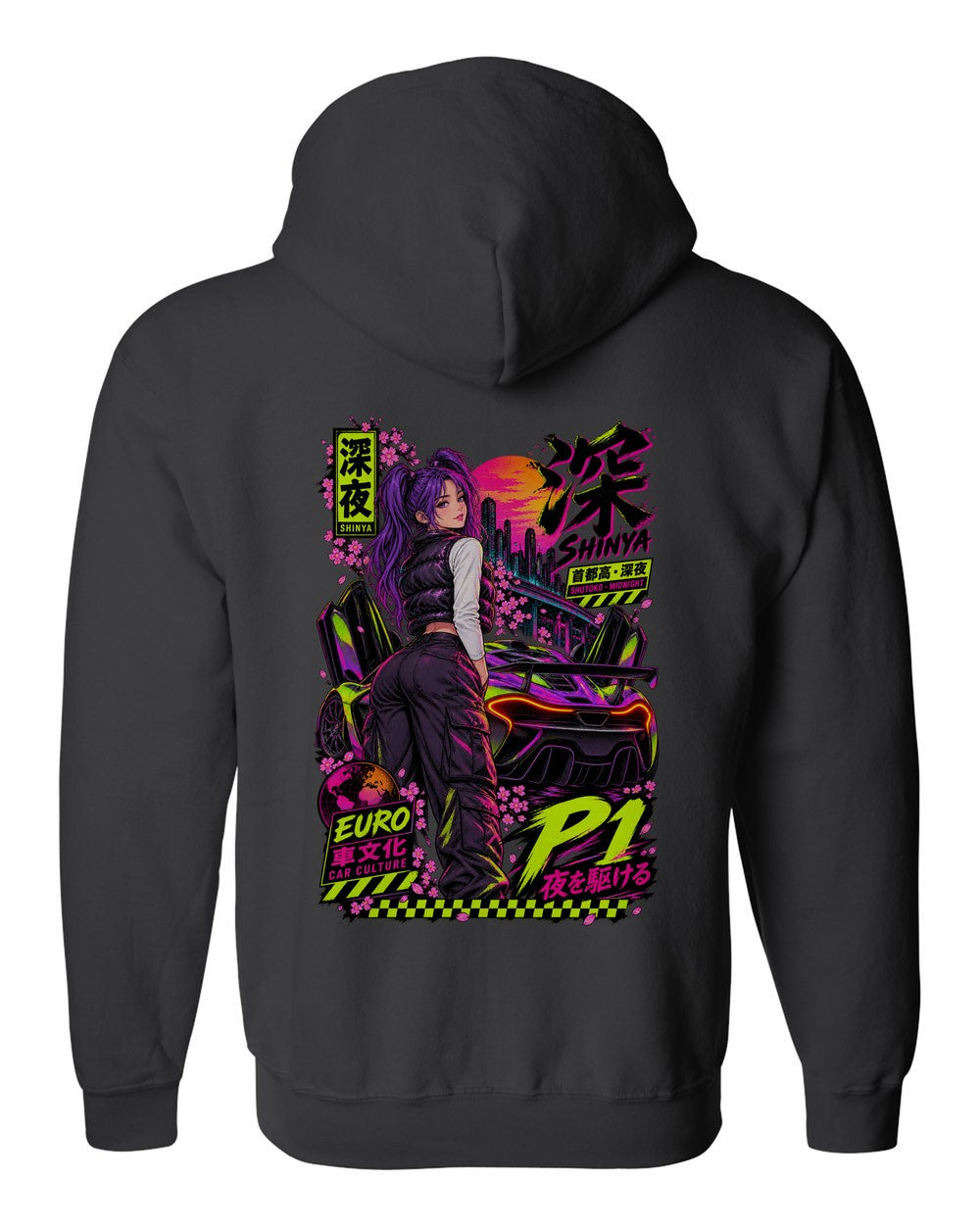 SHINYA P1 full-back artwork black zip hoodie back view with the design