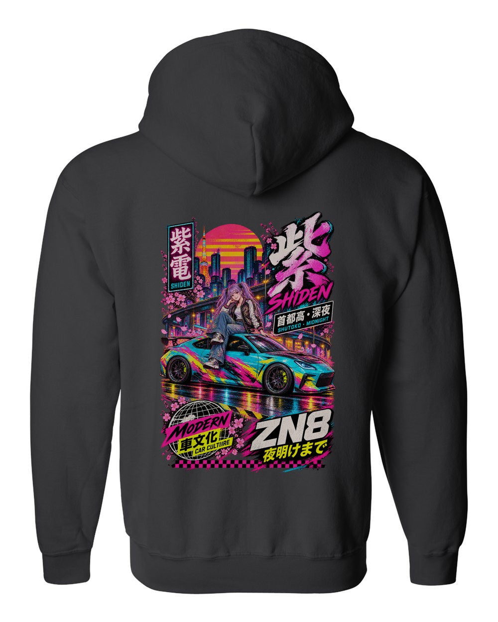 SHIDEN ZN8 full-back artwork black zip hoodie back view with the design