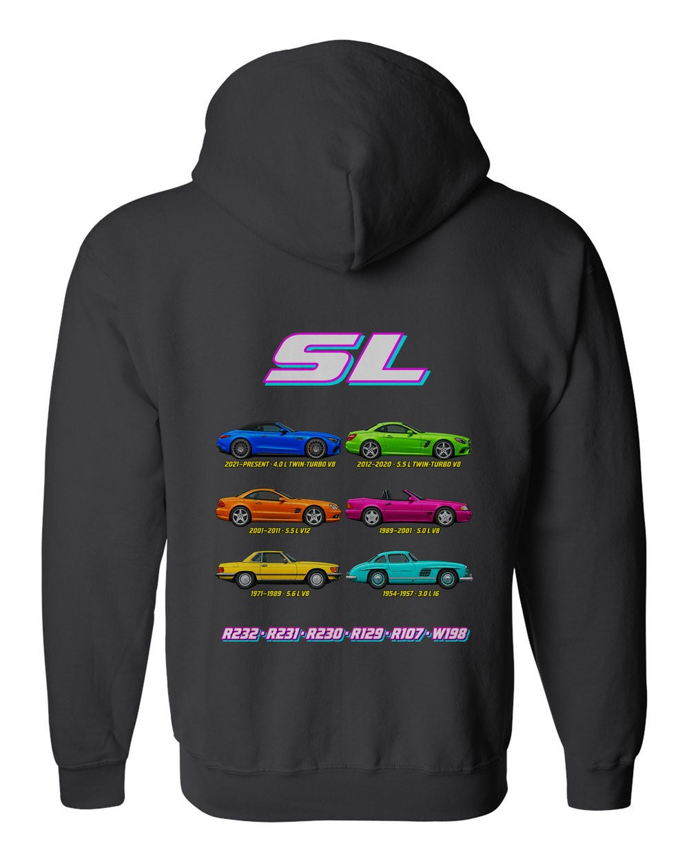 Mercedes SL evolution poster black zip hoodie back view with the design