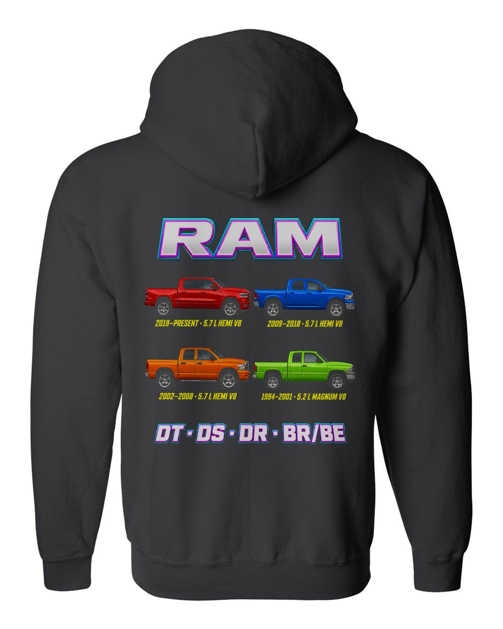 RAM 1500 evolution poster black zip hoodie back view with the design
