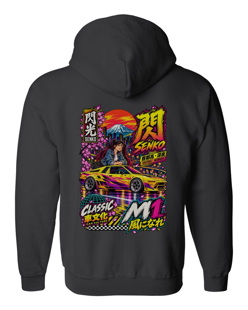 SENKO M1 full-back artwork black zip hoodie back view with the design