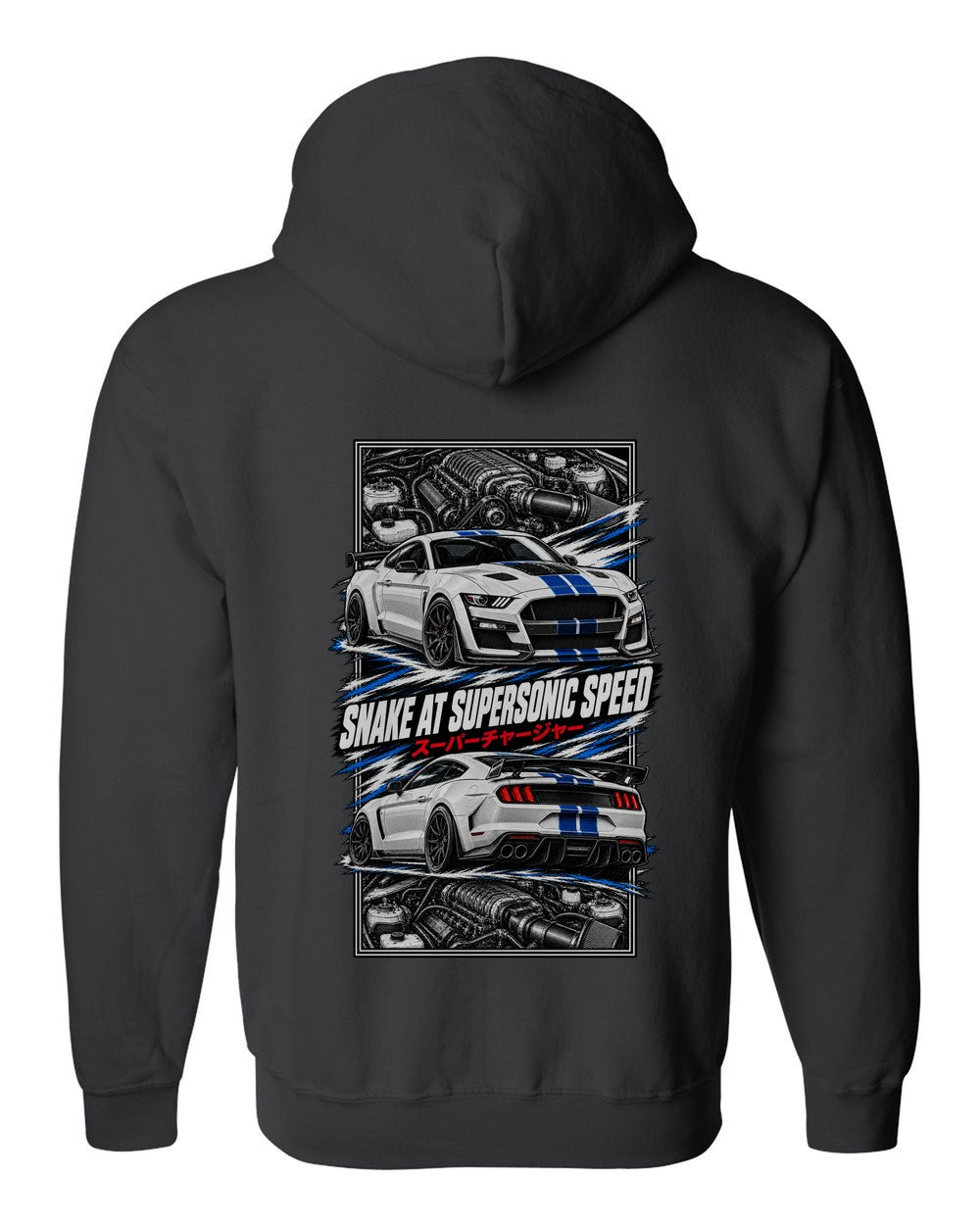 Shelby Gt500 torn poster black zip hoodie back view with the design