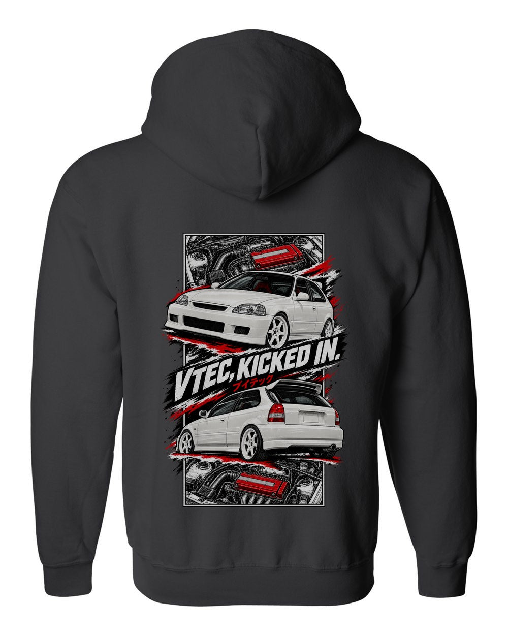 Honda Civic Ek9 torn poster black zip hoodie back view with the design