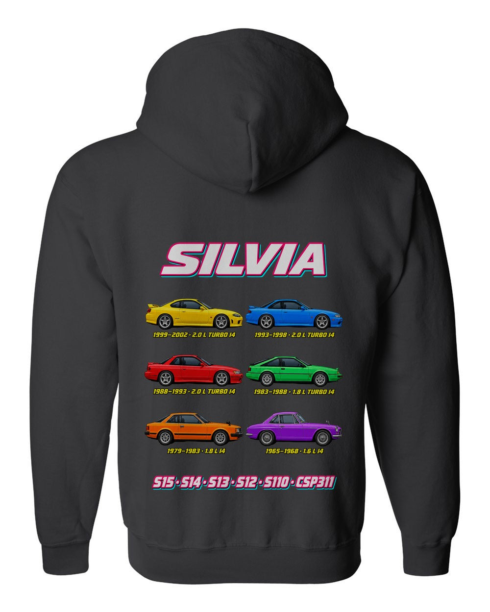 Nissan Silvia evolution poster black zip hoodie back view with the design