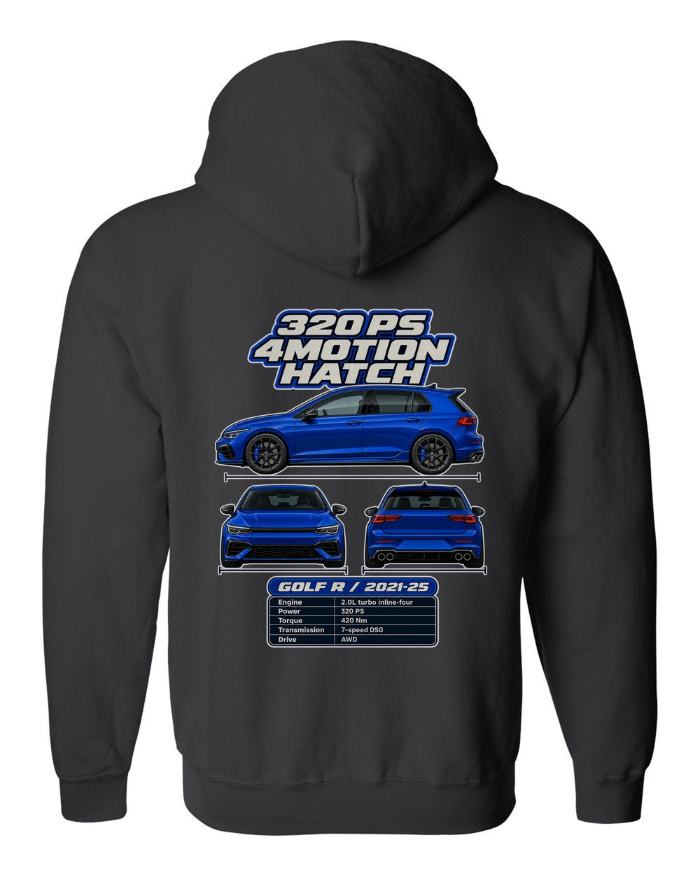 Volkswagen Golf R Mk8 spec sheet black zip hoodie back view with the design
