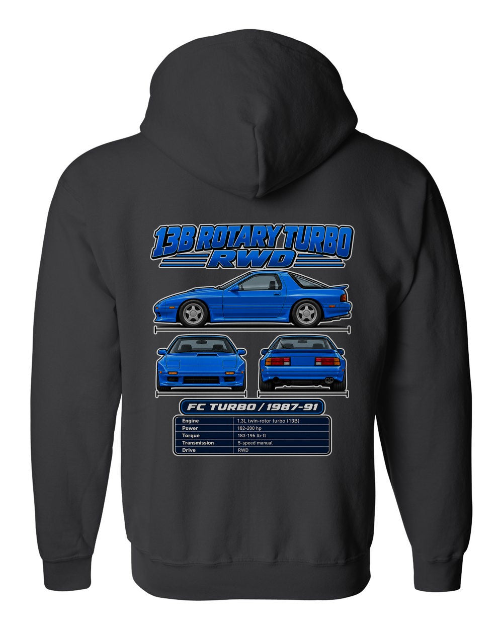 Mazda Rx 7 Fc Turbo spec sheet black zip hoodie back view with the design