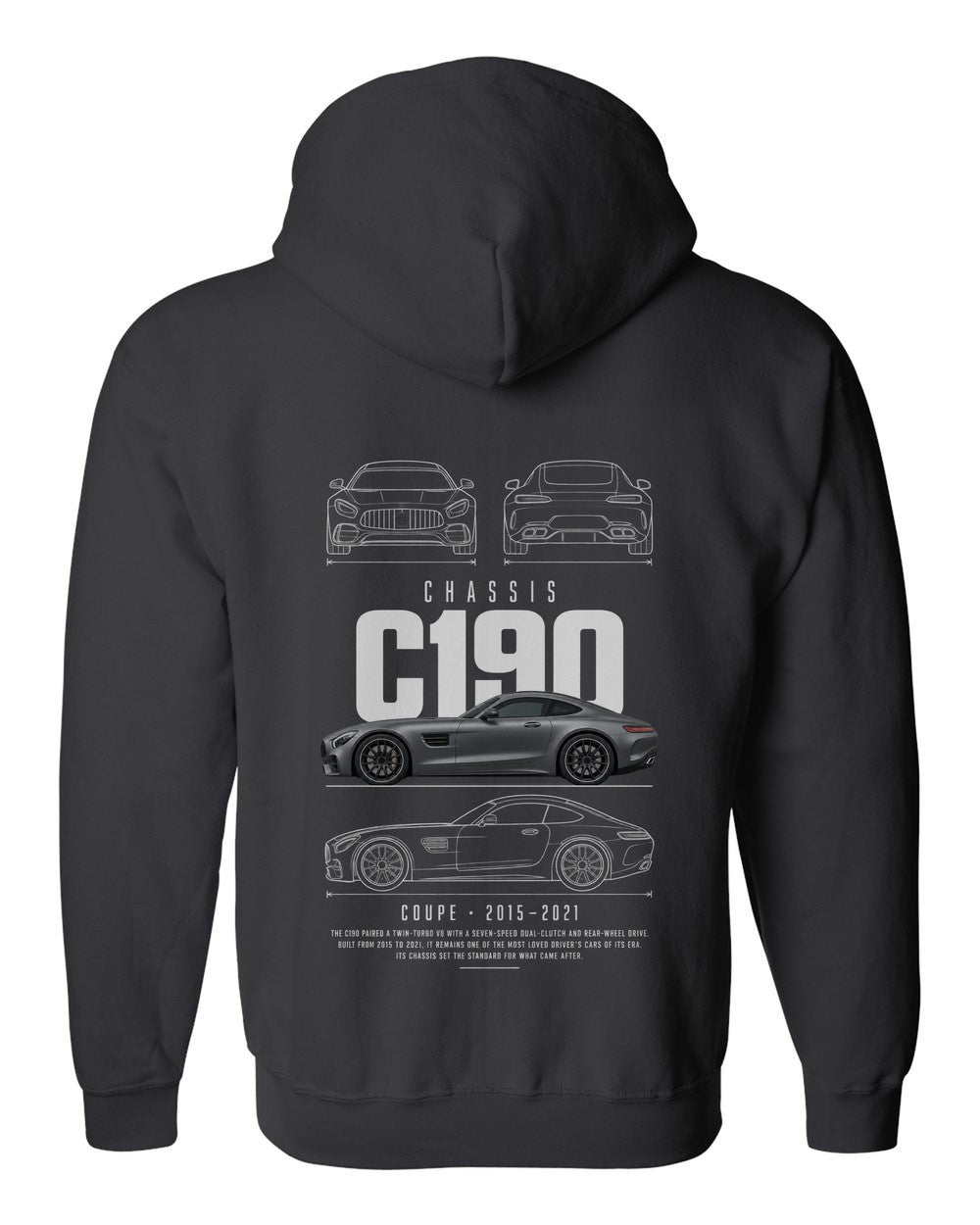 C190 full-back artwork black zip hoodie back view with the design