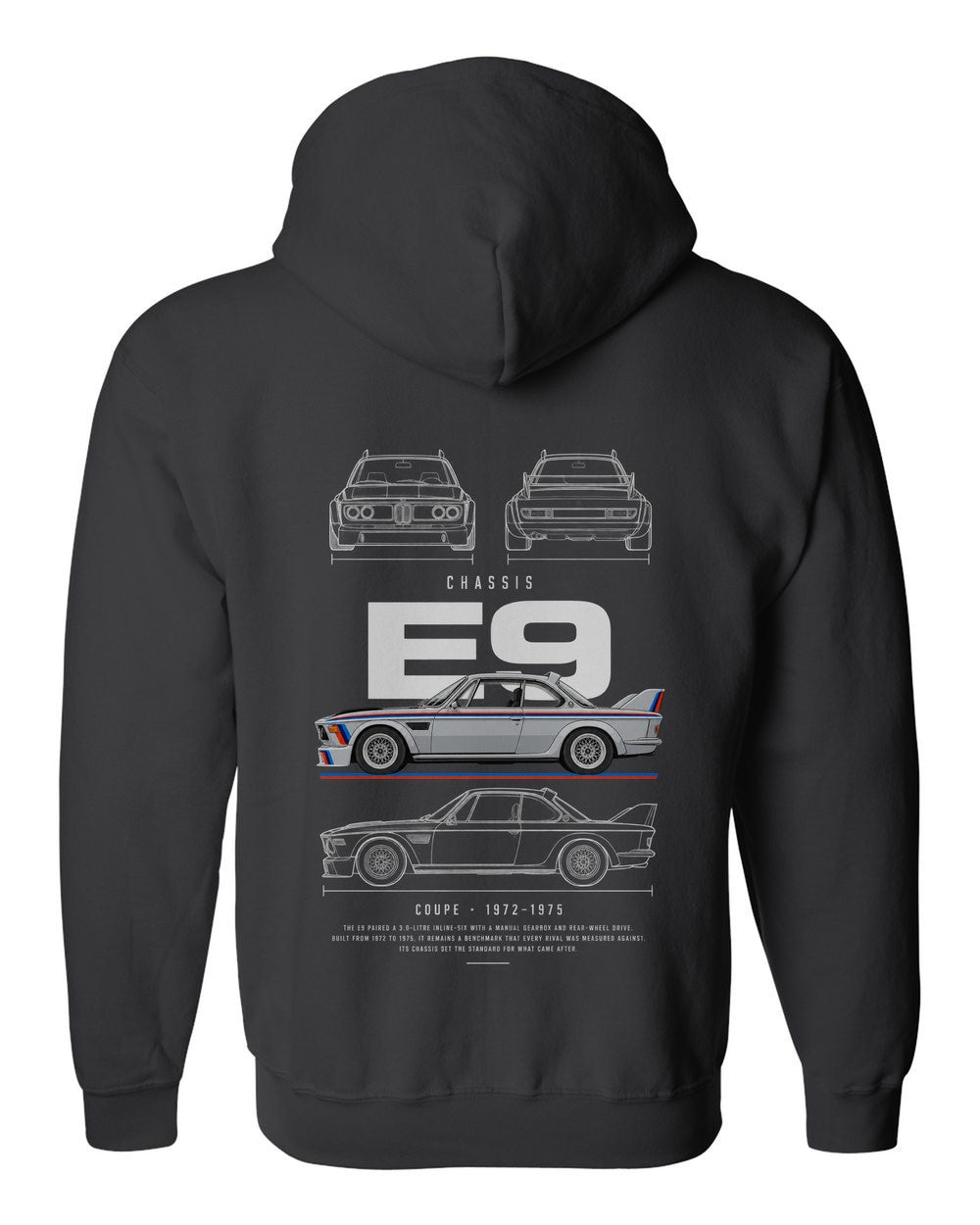 E9 full-back artwork black zip hoodie back view with the design