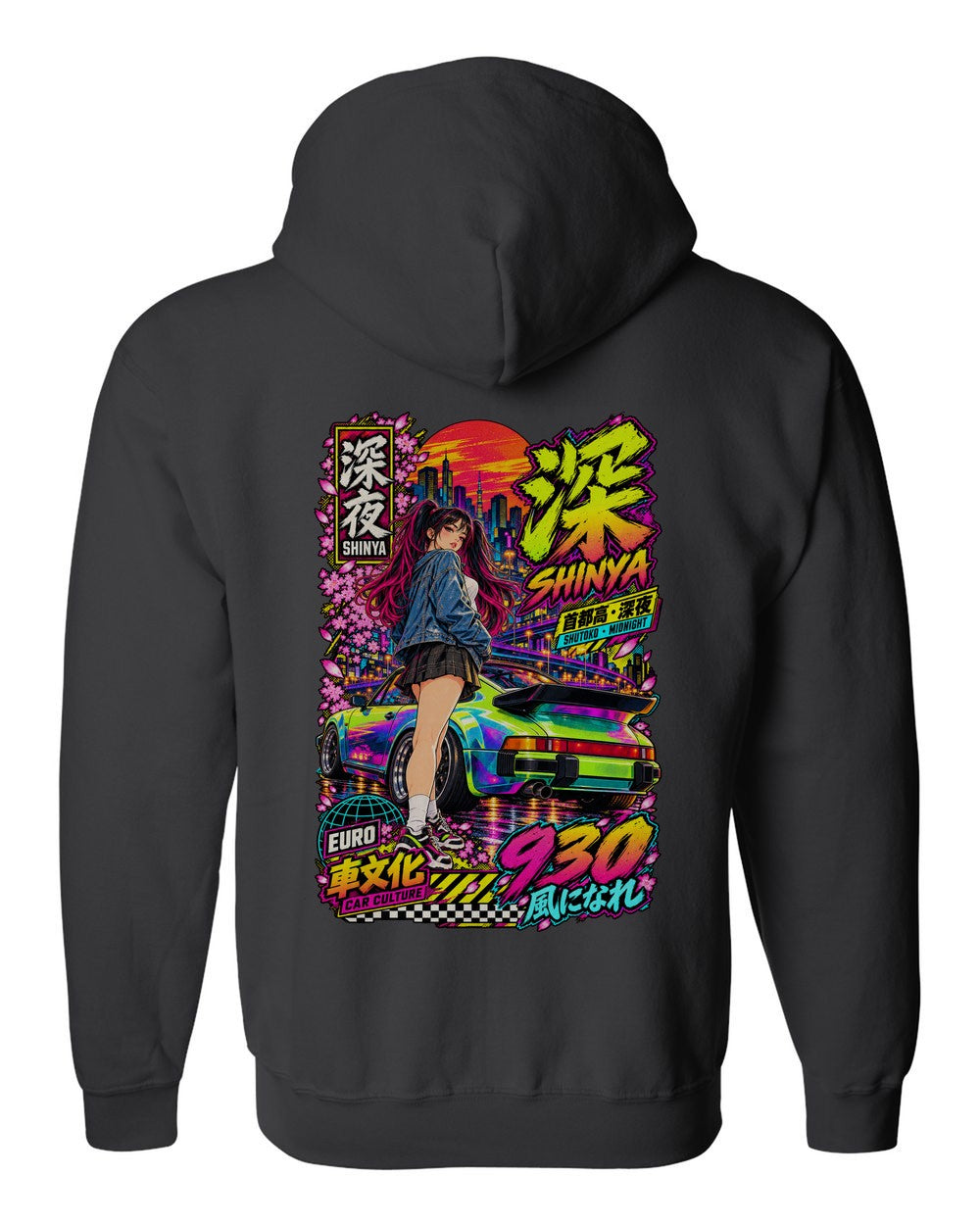 SHINYA 930 full-back artwork black zip hoodie back view with the design