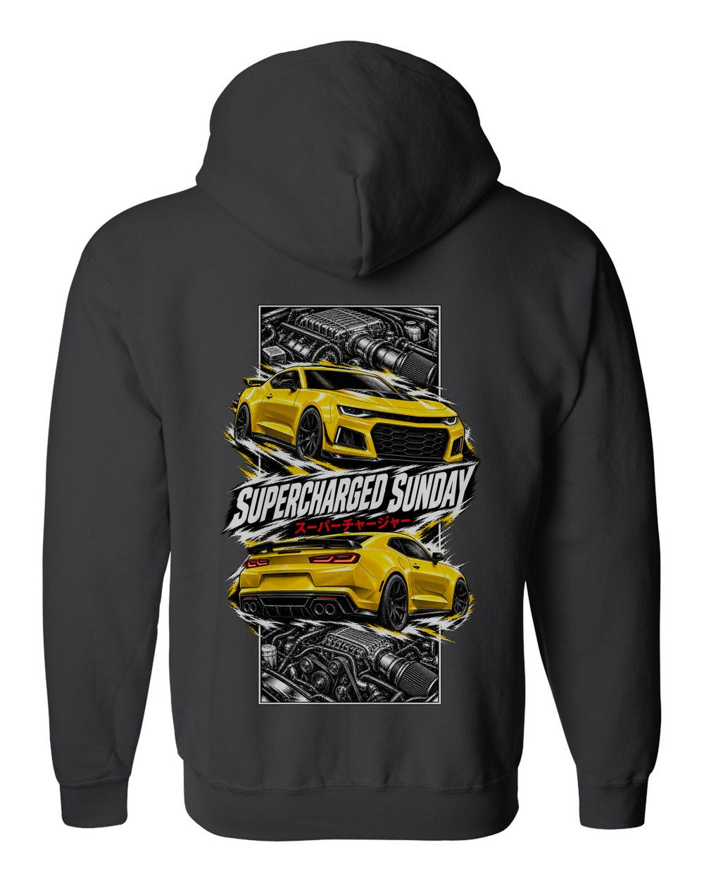 Chevy Camaro ZL1 torn poster black zip hoodie back view with the design