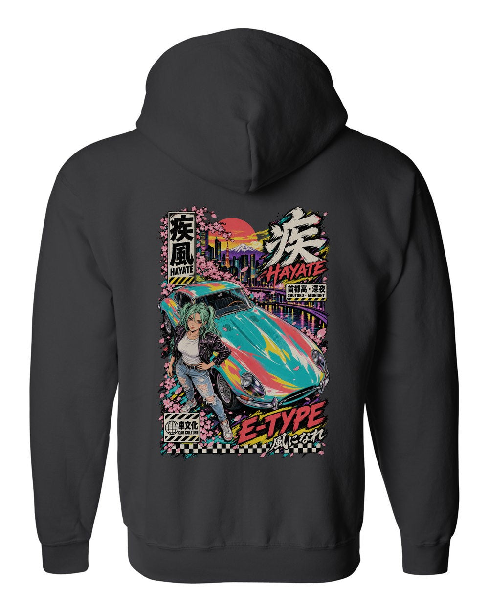 HAYATE E-TYPE full-back artwork black zip hoodie back view with the design