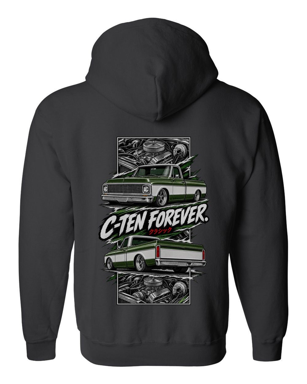 Chevy C10 1972 torn poster black zip hoodie back view with the design