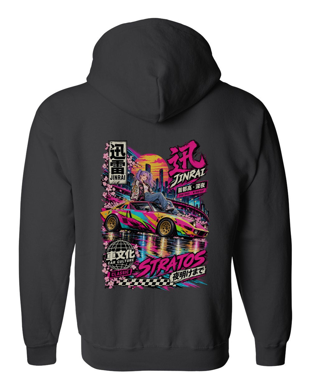 JINRAI STRATOS full-back artwork black zip hoodie back view with the design