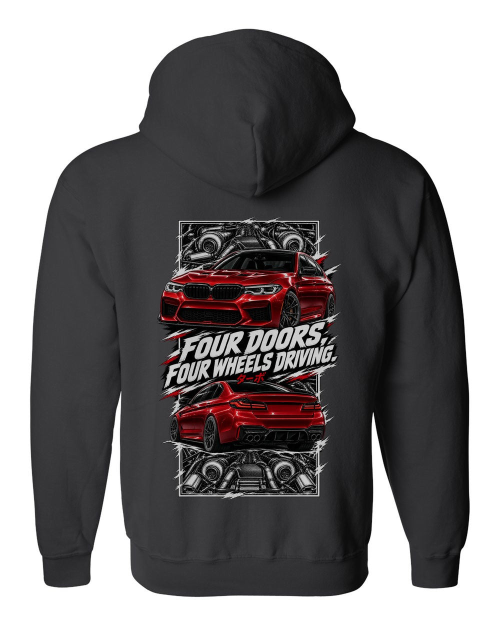 BMW F90 M5 torn poster black zip hoodie back view with the design
