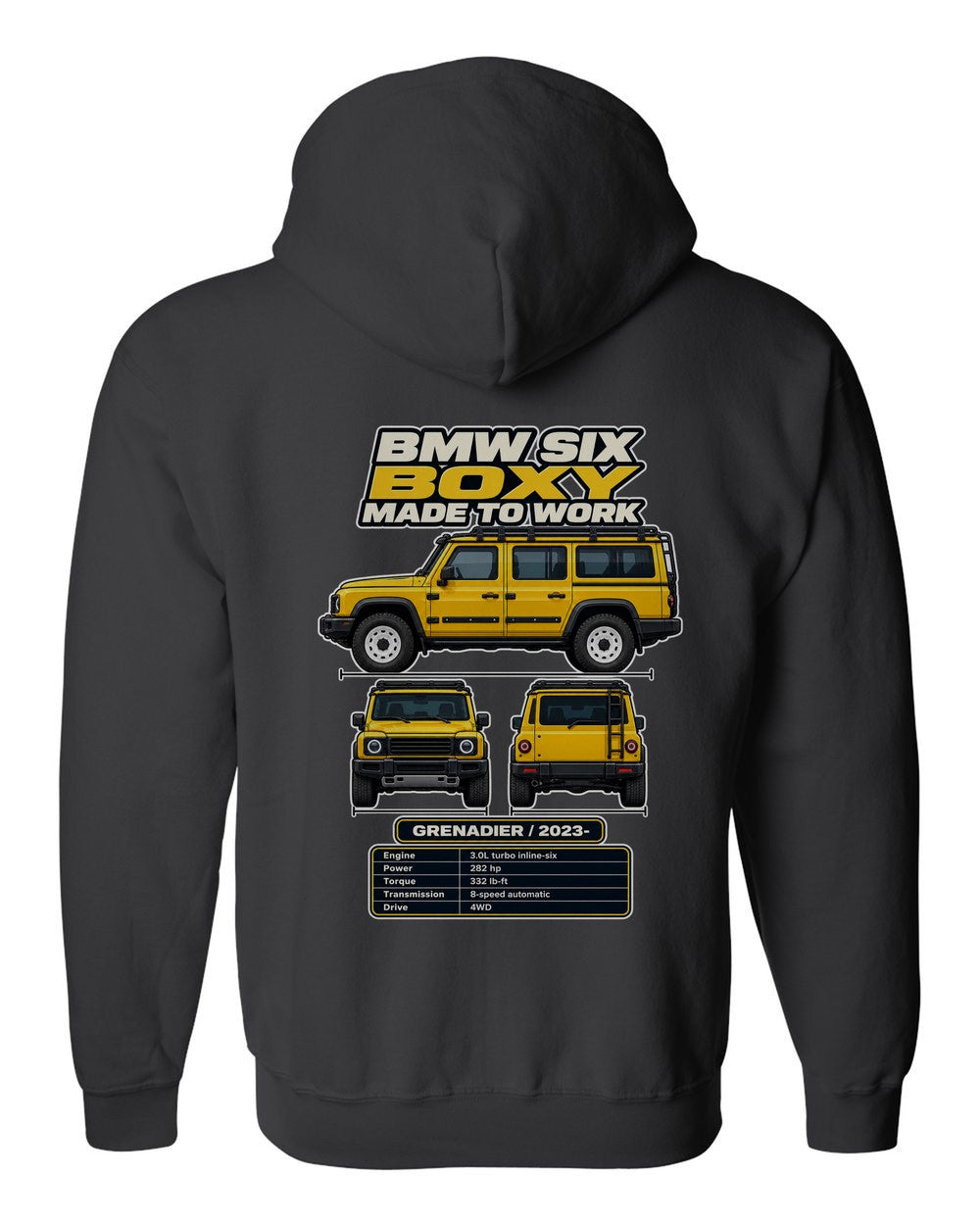 Ineos Grenadier spec sheet black zip hoodie back view with the design