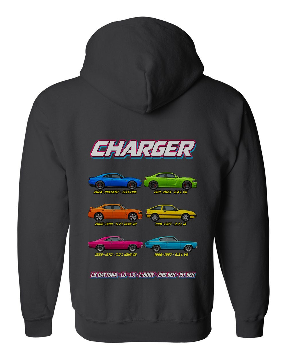 Dodge Charger evolution poster black zip hoodie back view with the design