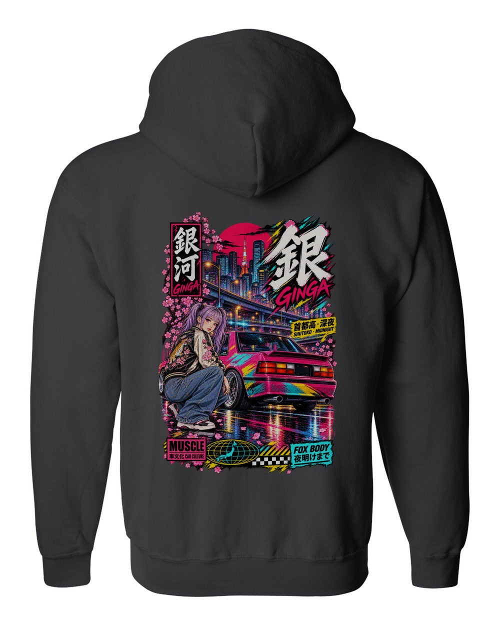 GINGA FOX BODY full-back artwork black zip hoodie back view with the design