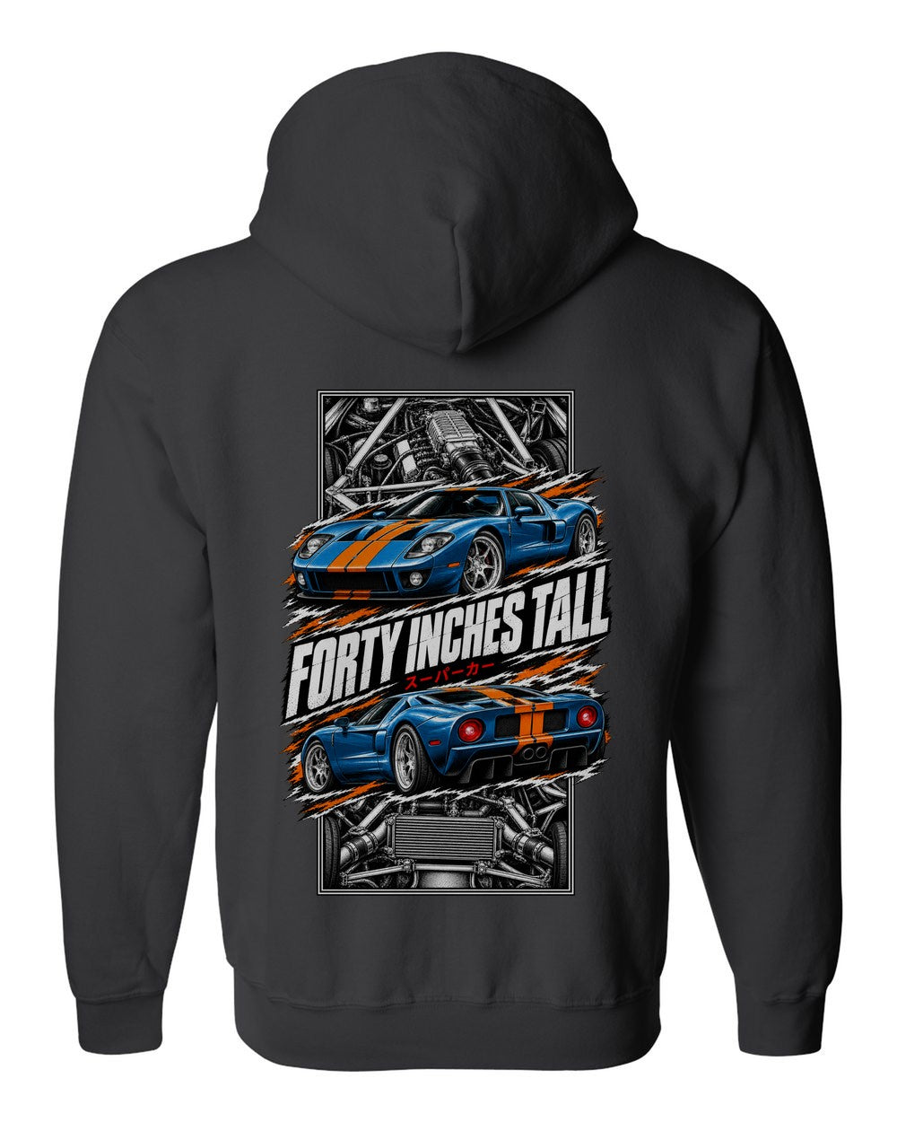 Ford Gt torn poster black zip hoodie back view with the design