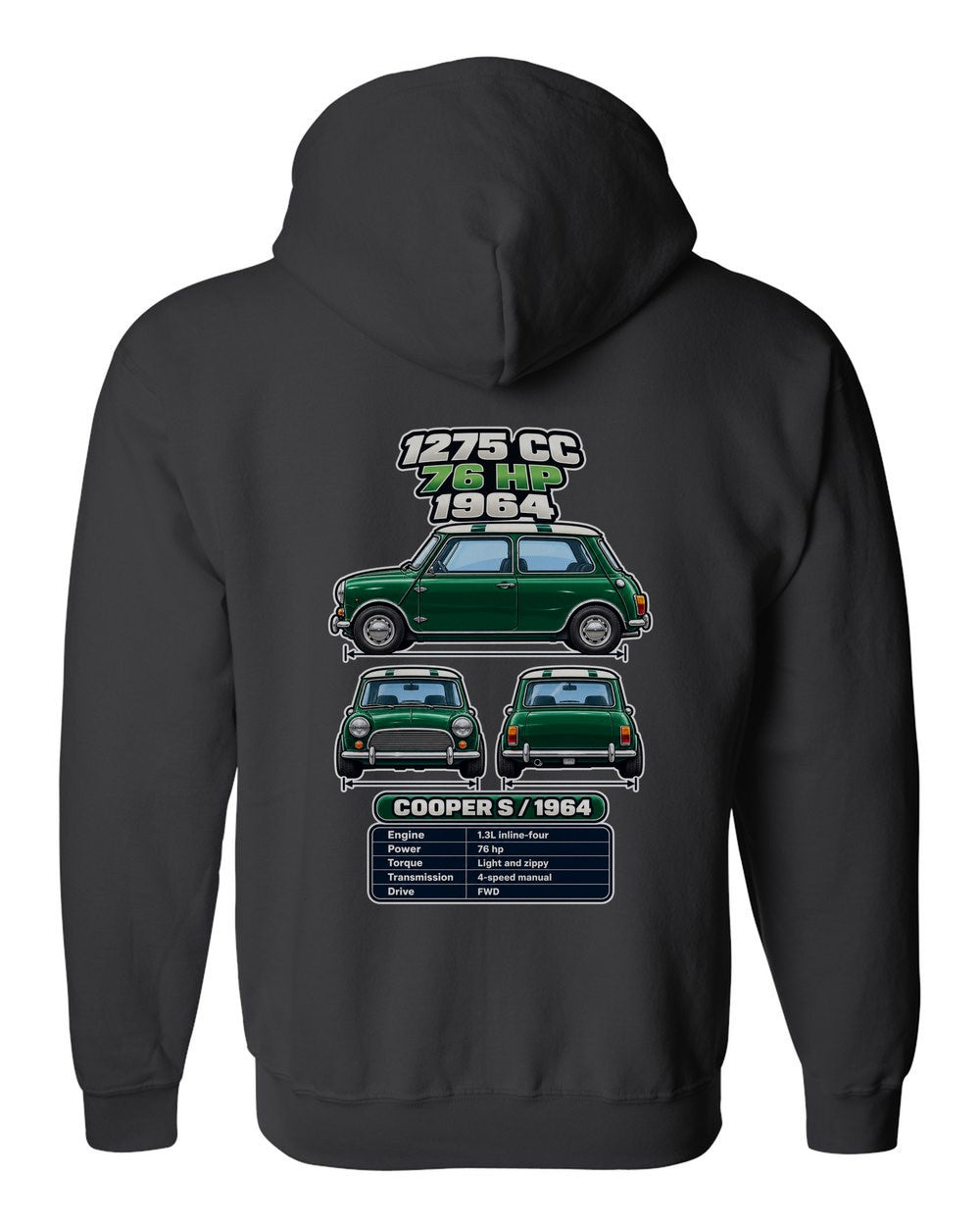 Classic Mini Cooper S spec sheet black zip hoodie back view with the design