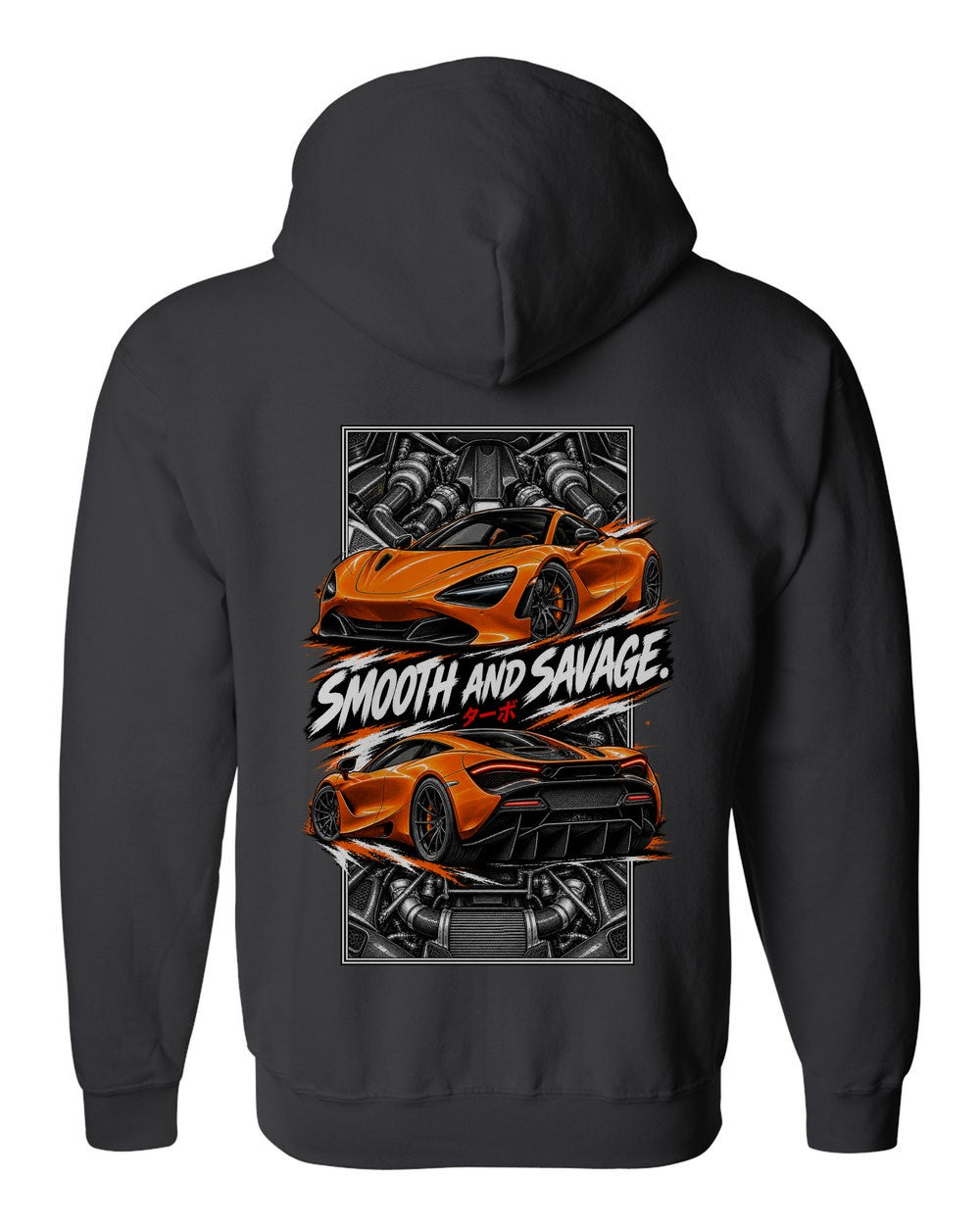 Mclaren 720S torn poster black zip hoodie back view with the design