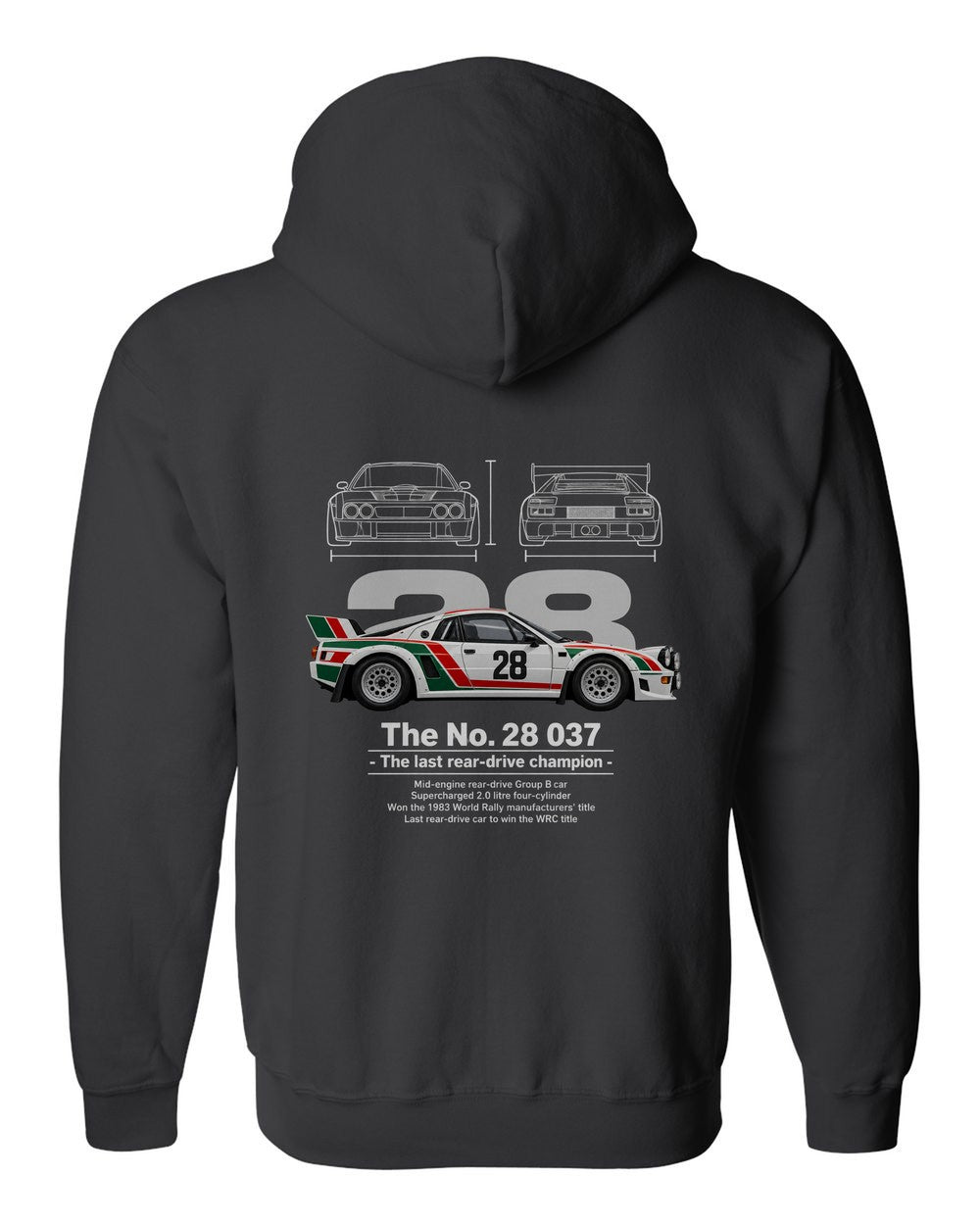No. 28 037 black zip hoodie back view with the design