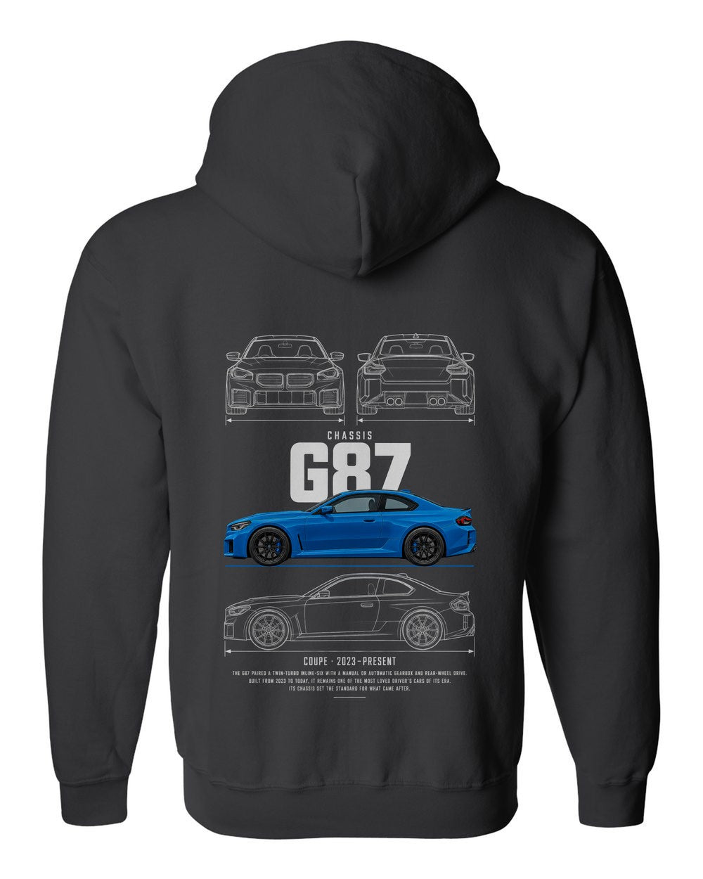 G87 full-back artwork black zip hoodie back view with the design