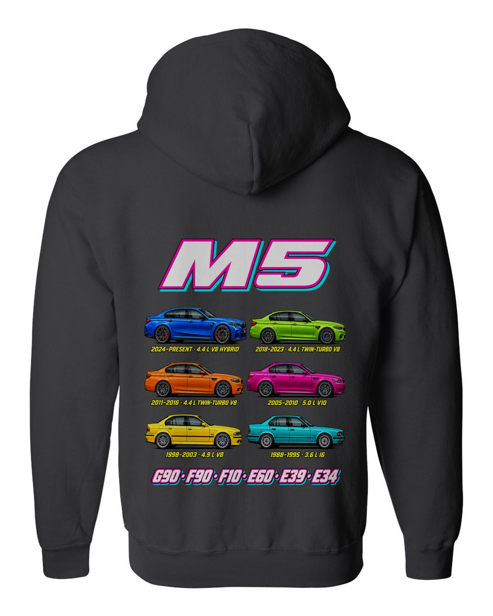 BMW M5 evolution poster black zip hoodie back view with the design
