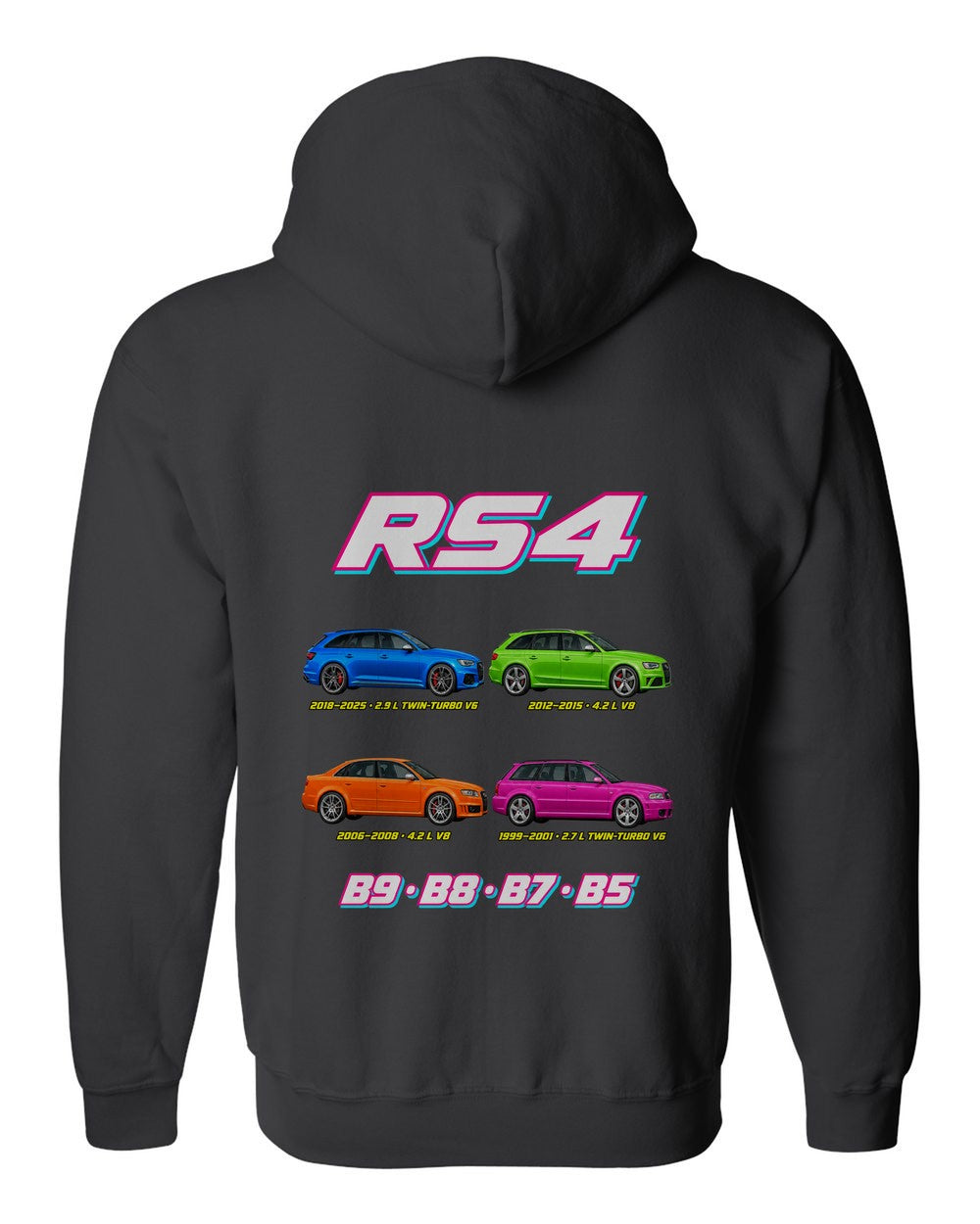 Audi RS4 evolution poster black zip hoodie back view with the design
