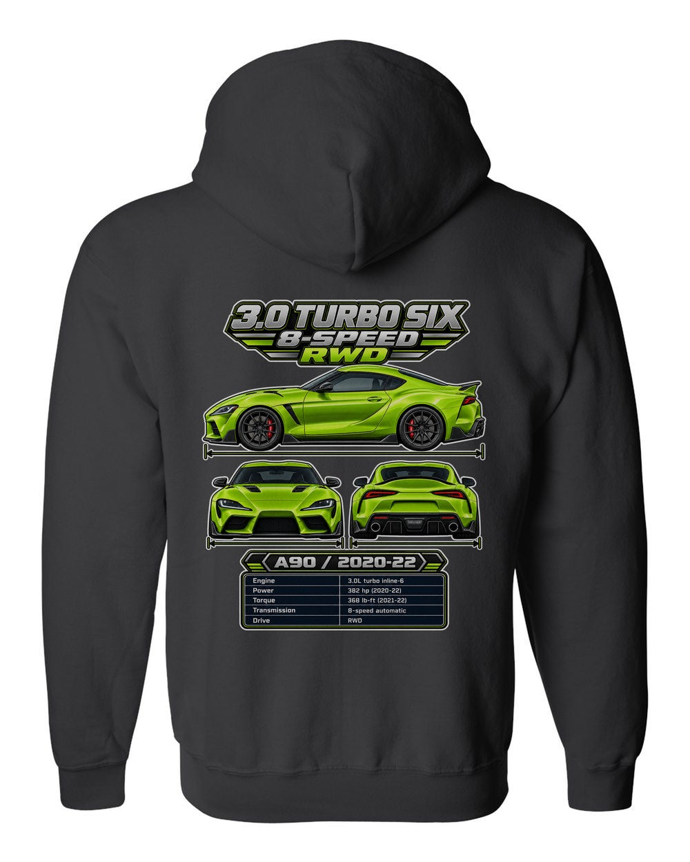 Toyota GR Supra A90 spec sheet black zip hoodie back view with the design