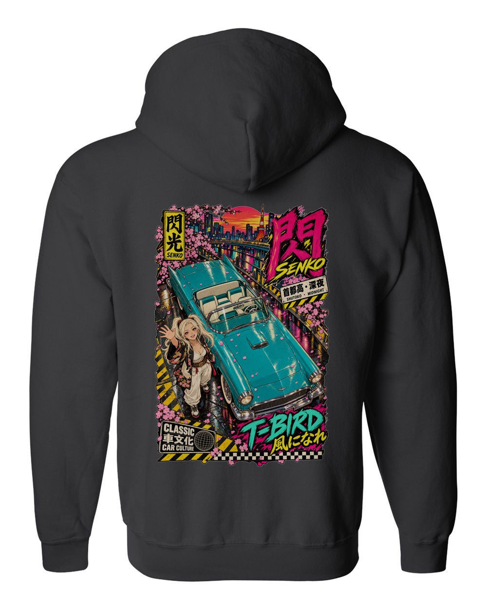 SENKO T-BIRD full-back artwork black zip hoodie back view with the design