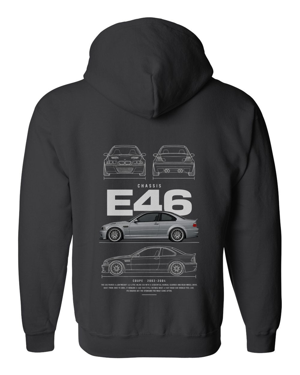 E46 full-back artwork black zip hoodie back view with the design