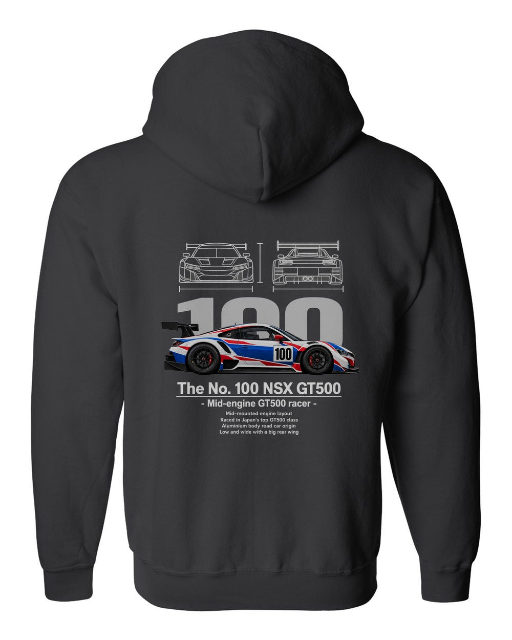 No. 100 NSX GT500 black zip hoodie back view with the design