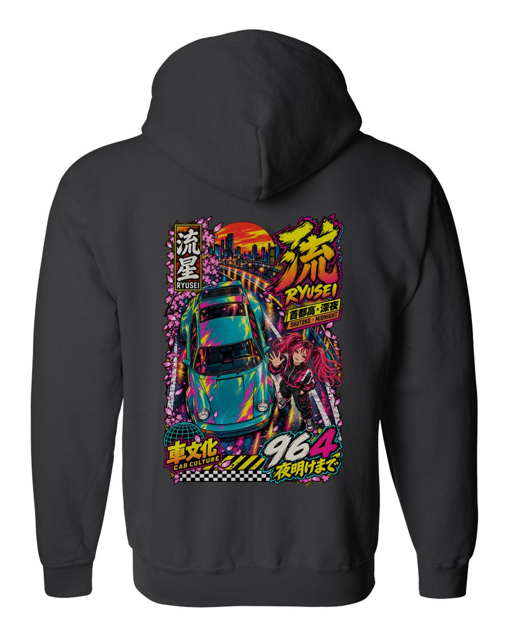 RYUSEI 964 full-back artwork black zip hoodie back view with the design