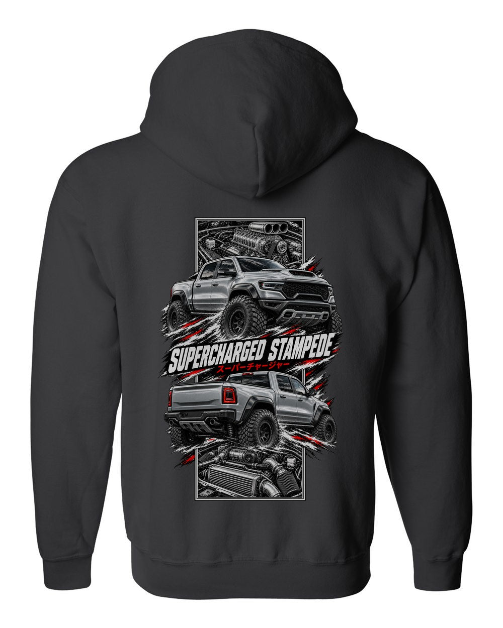 RAM 1500 Trx torn poster black zip hoodie back view with the design