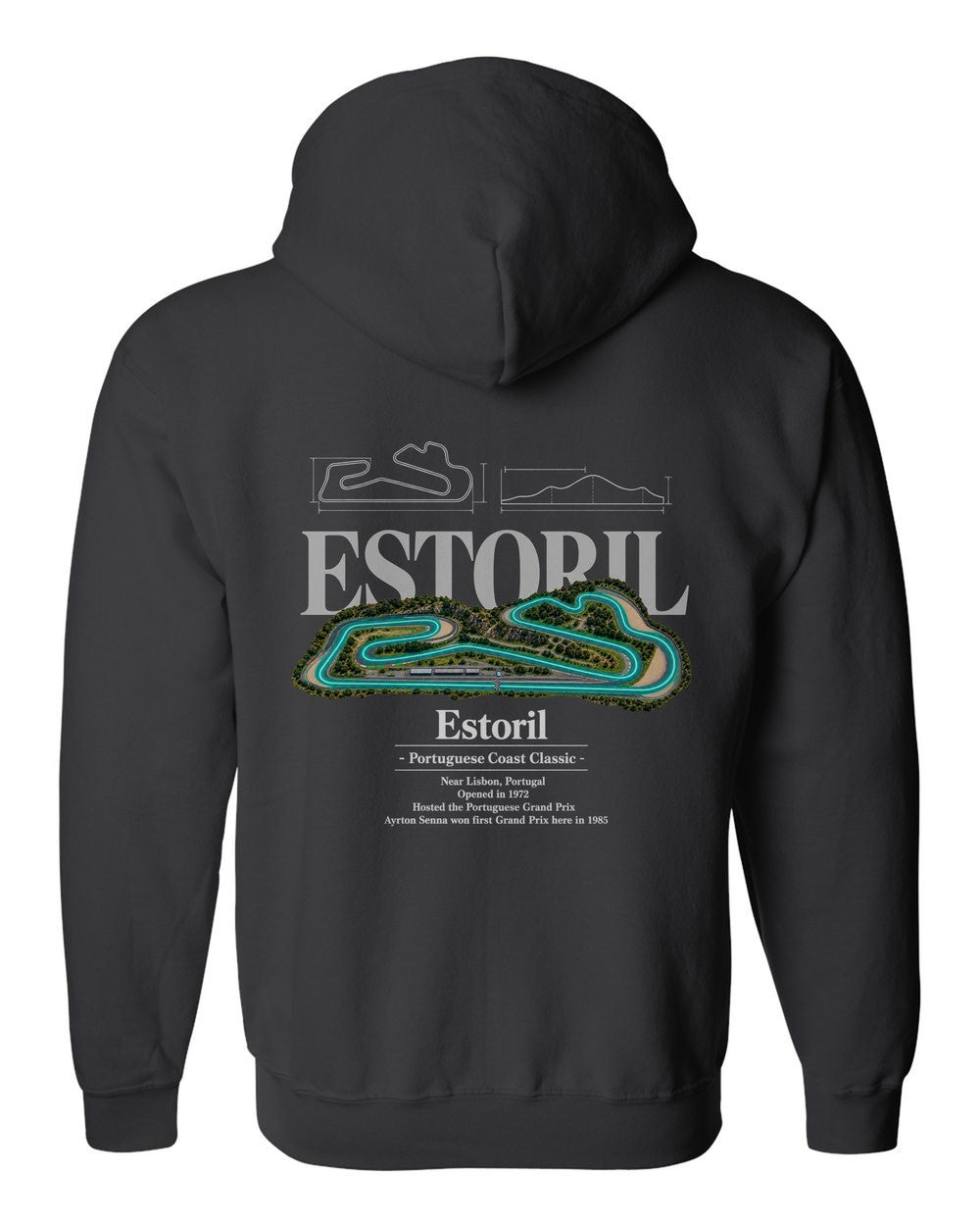 Estoril black zip hoodie back view with the design