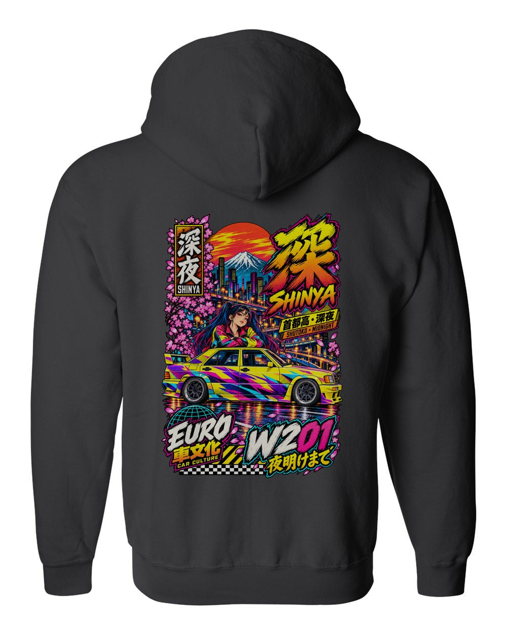 SHINYA W201 full-back artwork black zip hoodie back view with the design