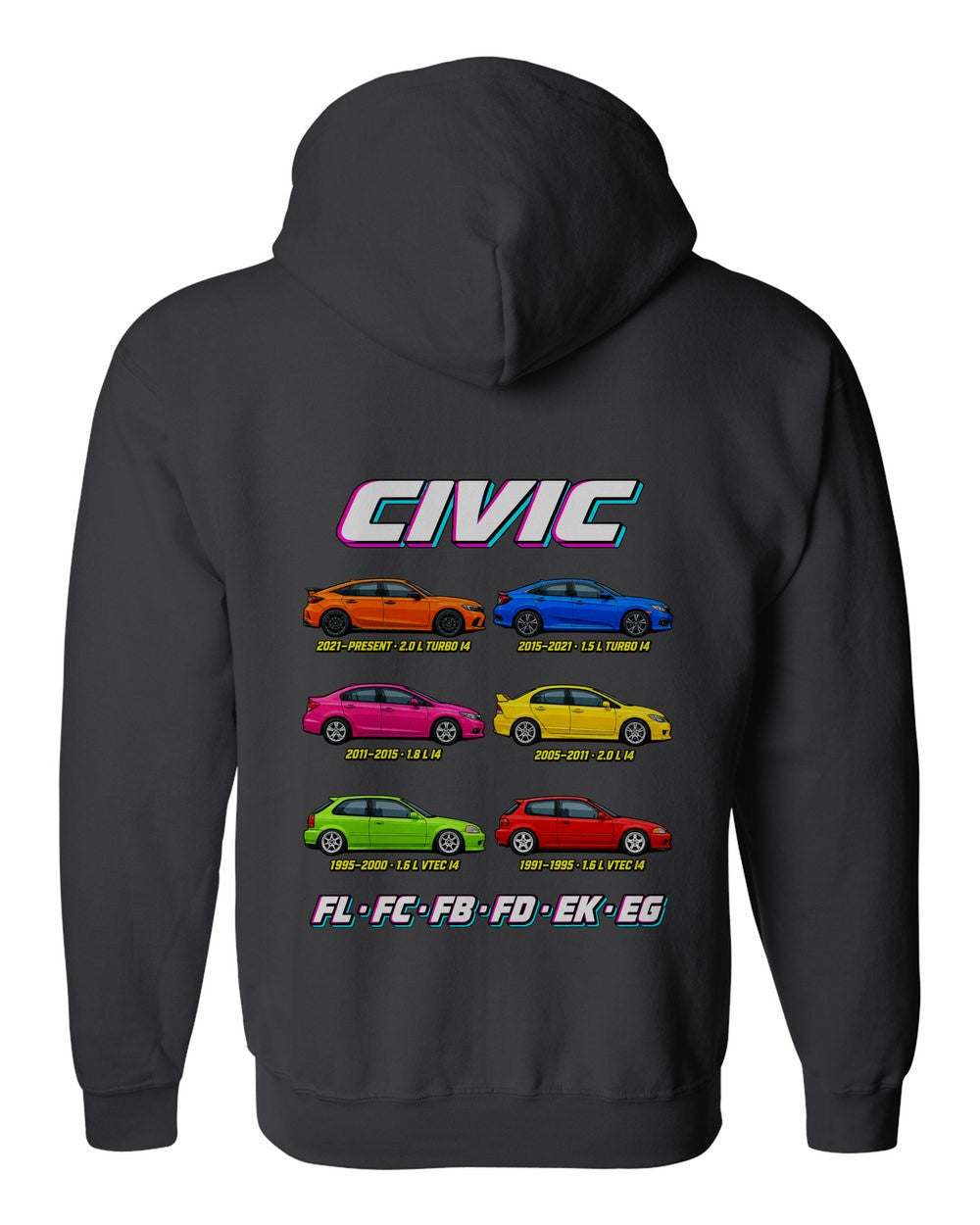 Honda Civic evolution poster black zip hoodie back view with the design