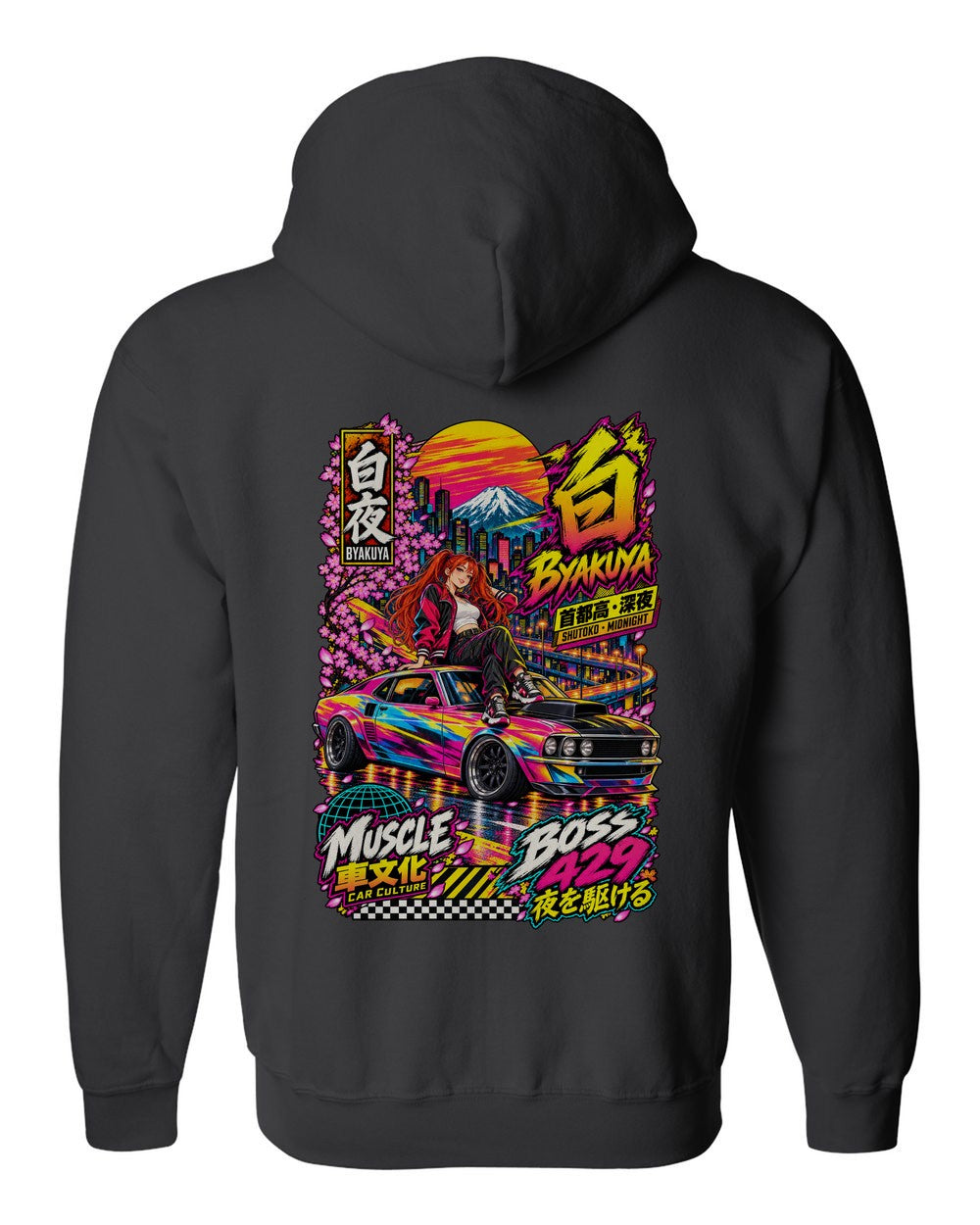 BYAKUYA BOSS 429 full-back artwork black zip hoodie back view with the design