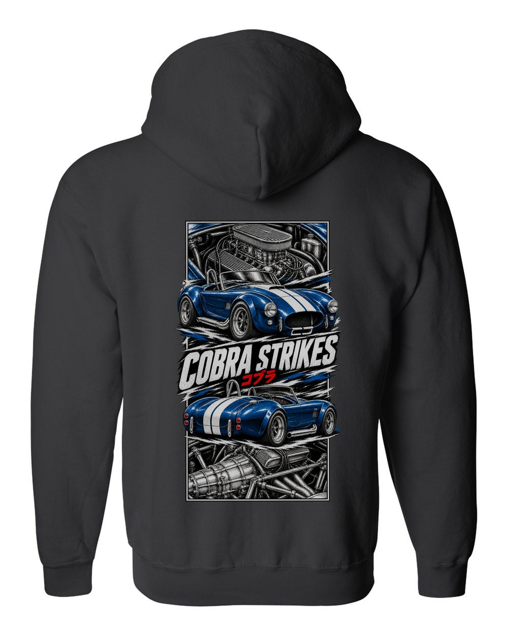Shelby Cobra 427 torn poster black zip hoodie back view with the design