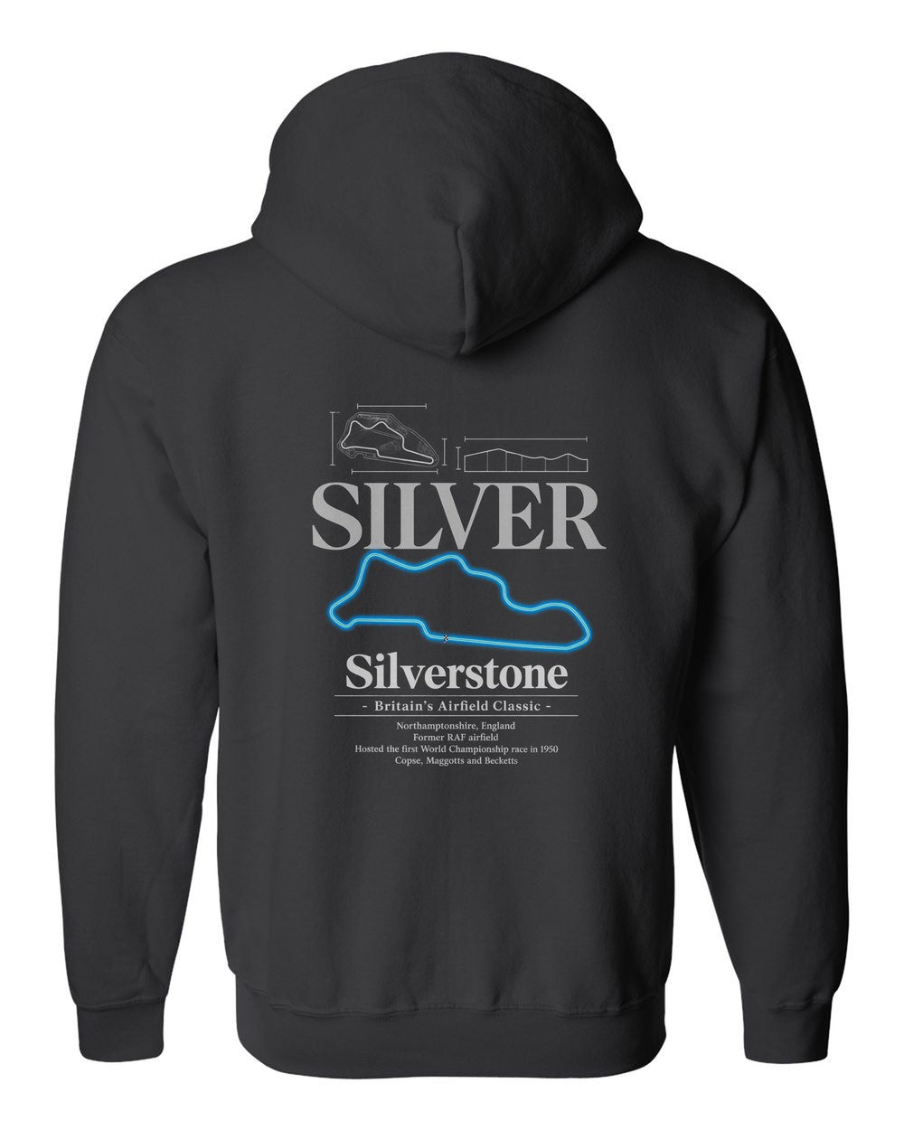 Silverstone black zip hoodie back view with the design