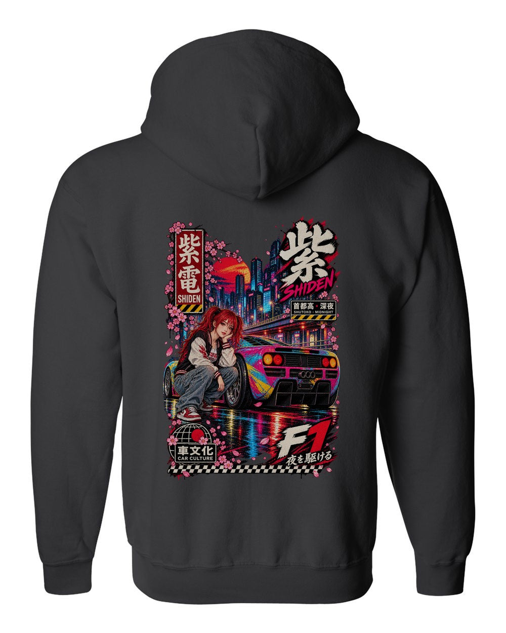 SHIDEN F1 full-back artwork black zip hoodie back view with the design