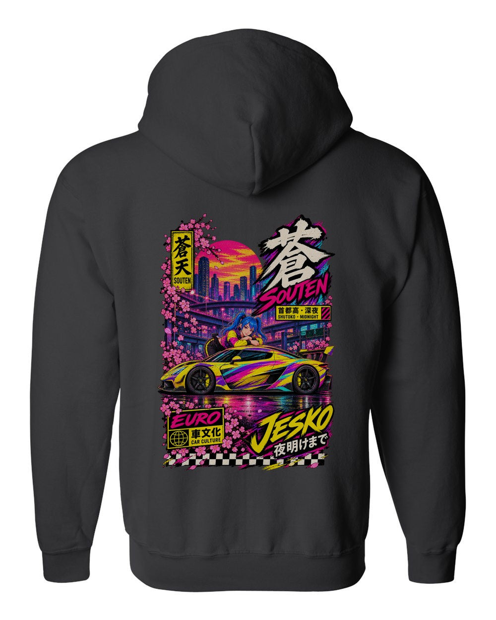 SOUTEN JESKO full-back artwork black zip hoodie back view with the design