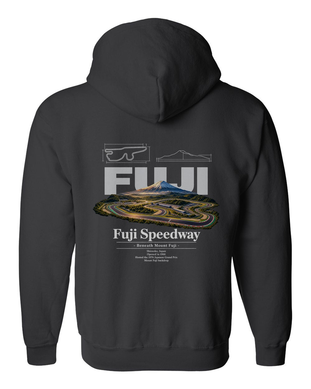 Fuji Speedway black zip hoodie back view with the design